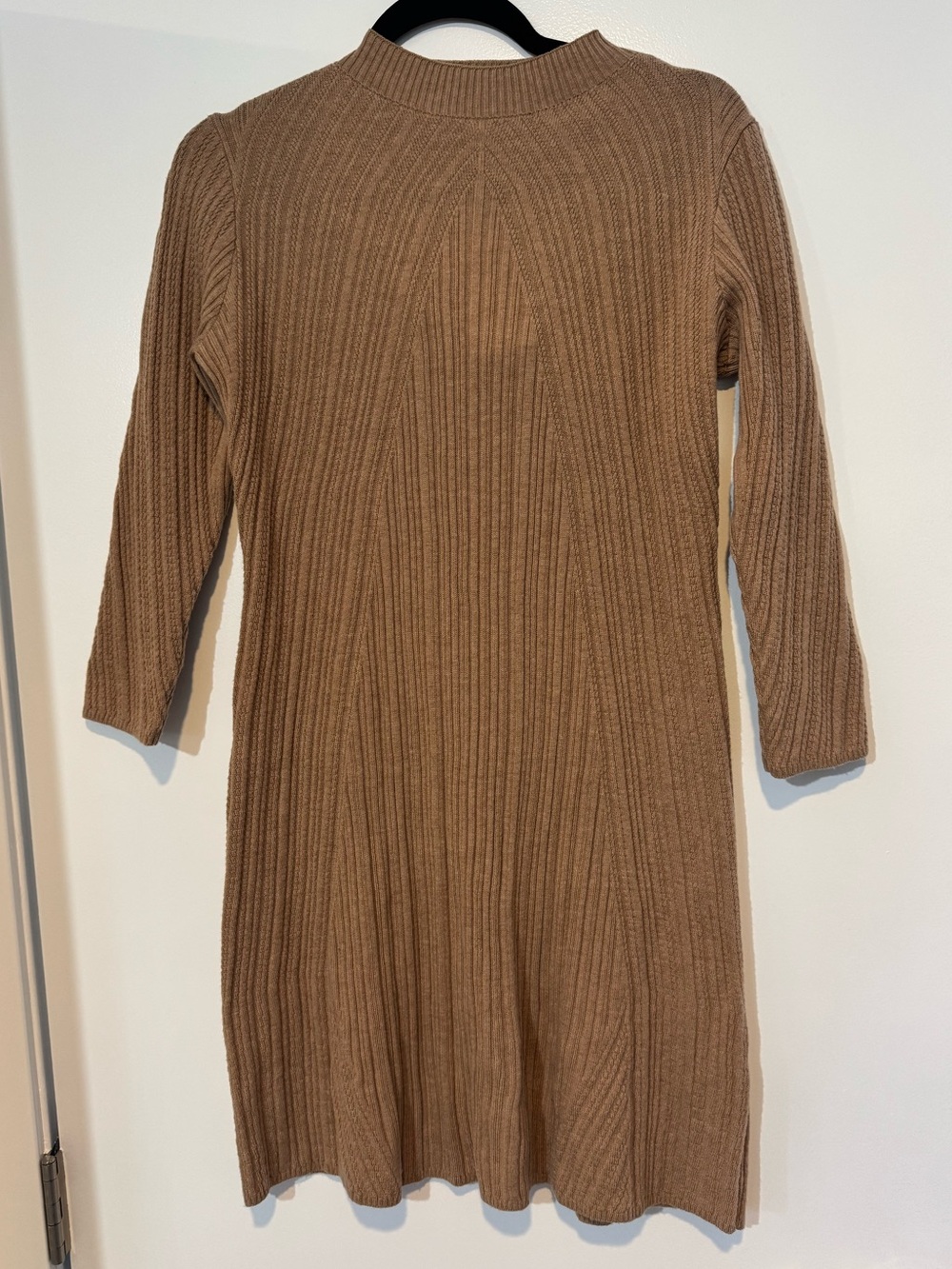 Amour Vert Merino Wool Ribbed Mock Neck Sweater Dress - Camel Brown - Small